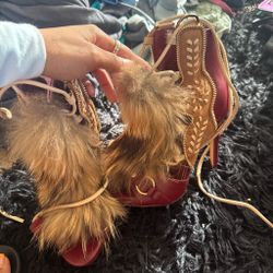 Red High Heel Sandals with Fur Detail
