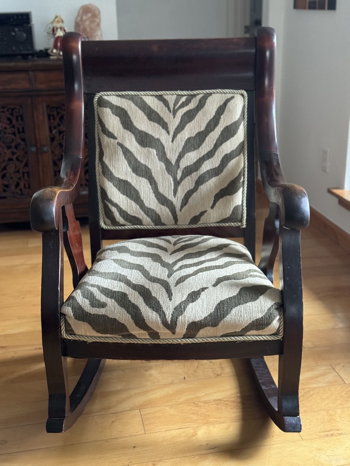 antique rocking chair, baby rocking chair, animal print rocking chair, zebra wood rocking chair, Heavy Wood Rocking Chair, Zebra Rocking Chair 