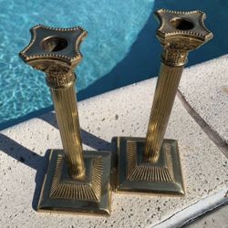 Vintage Brass Candlesticks, Pair of Column Candle Holders, Ornate Greek Revival Decor, Dramatic Home Accent