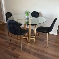 Stylish Black Velvet Gold Round Kitchen Table Set for 4