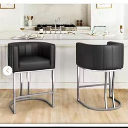 Siska 26 in.Modern Black Fabric Upholstered Counter Stool with Silver Metal Frame Barrel Counter Bar Stool Set of 2 (AB59)