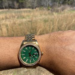 Green Face Gold Hiphop Women Men’s Watch Cz