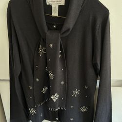 NEW, Elegant Black Christmas Sweater With Beautiful Snowflake Embellishments, Size Med 