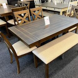 Moriville Grayish Brown Extendable Dining Set Table, Chairs, Bench 