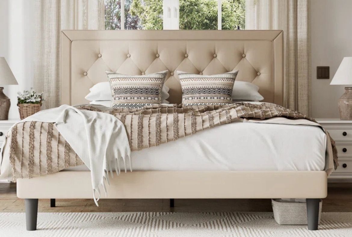 Queen Bed Frame Tuft Tan NEW IN BOX 