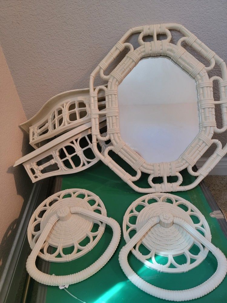 Vintage Wicker White Rattan Mirror  OR Wall Shelf