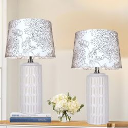 Set Of 2 Etched Ceramic Accent ivory Table Lamps  With linen fabric lampshade with embroidery. 18.5”