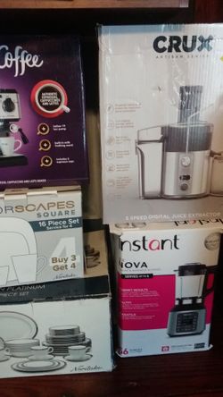 Kitchen appliances and dish sets. Brand new.