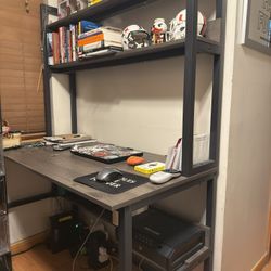 Desk with Hutch Bookshelves, Computer Desk with 3 Tiers Storage Shelves, Space Saving Design Black Metal Legs Desk with Grey Board, Easy Assemb