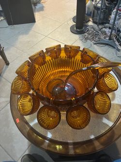 Amber Glass Punch Bowl Set with Cups and Ladle