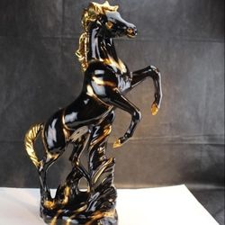 Vintage California Pottery Ceramic Stallion Pinto Horse Statue Black And Gold