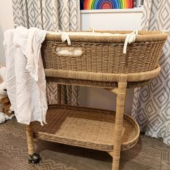 Pottery Barn Kids Woven Bassinet with Rolling Stand & Accessories