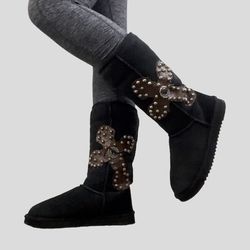 Y2K Black Sheepskin Leather Shearling Wool Lined Studded Cross Tall Winter Boots Thumbnail