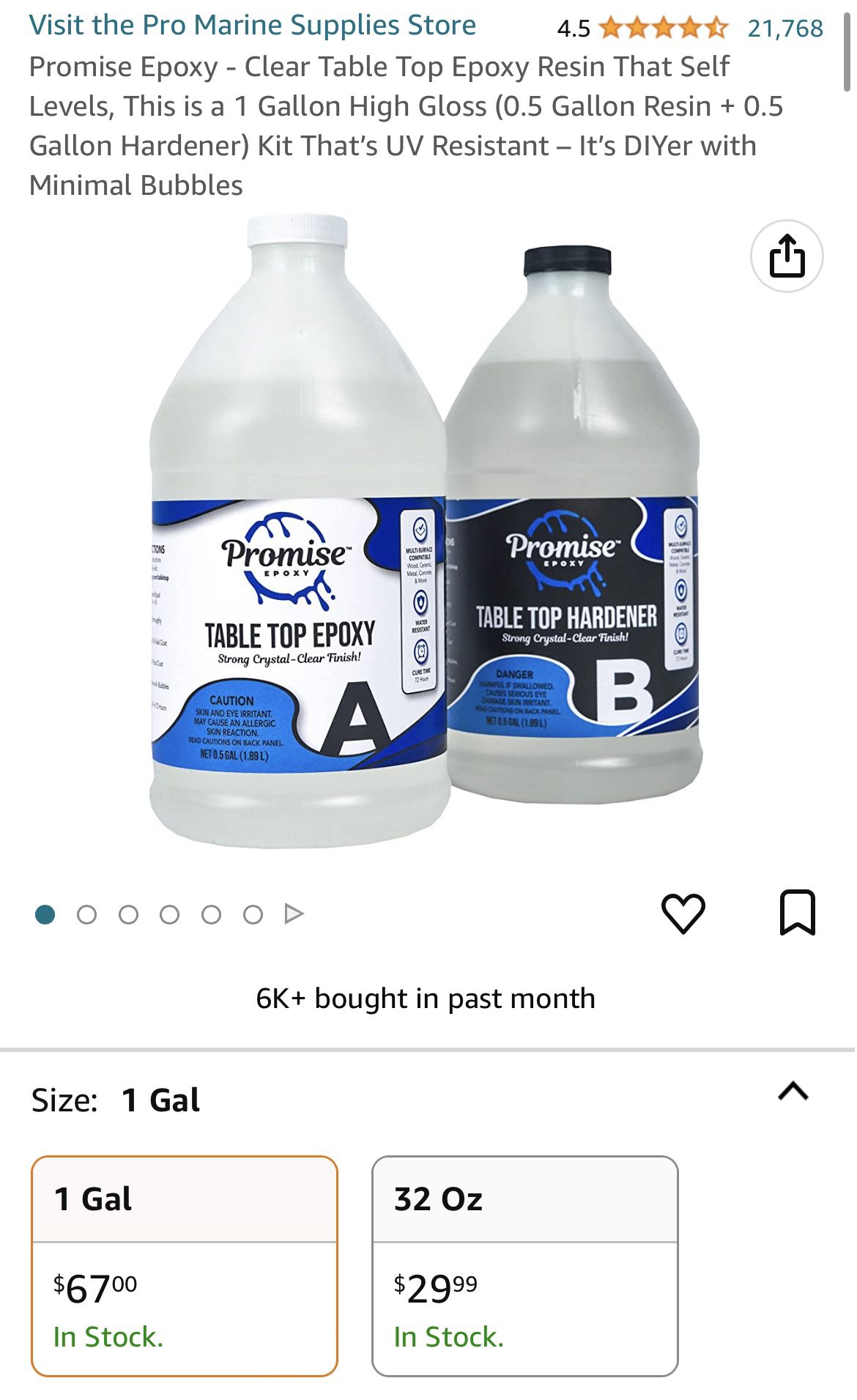 Promise Epoxy - Clear Table Top Epoxy Resin That Self Levels, This is a 1  Gallon High Gloss (0.5 Gallon Resin + 0.5 Gallon Hardener) Kit That's UV  Res for Sale in Grand Prairie, TX - OfferUp