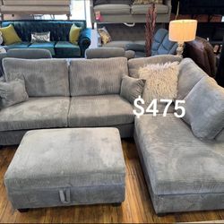3-pc Sectional Sofa With Storage Ottoman Dark Gray Corduroy 