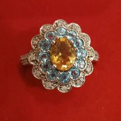 Gorgeous Citrine & Blue Topaz & Diamonds Ring 