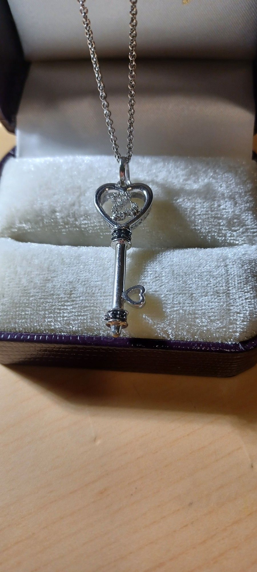 Vintage Jane Seymour Key To My Heart Necklace With Black & Clear Diamonds Sterling Silver 