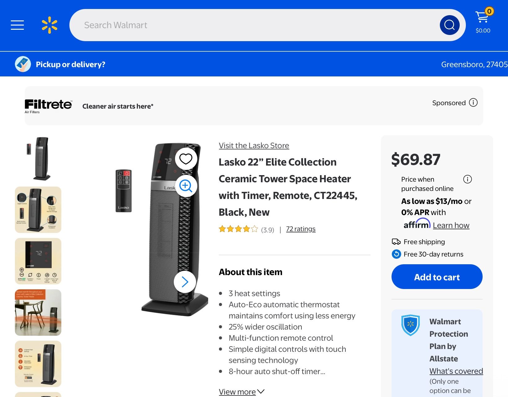 Lasko 22” Elite Collection Ceramic Tower Space Heater with Timer, Remote