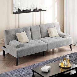 64" Futon Sofa Bed, Velvet Foldable Couch, Reclining Sleeper with Removable Armrests