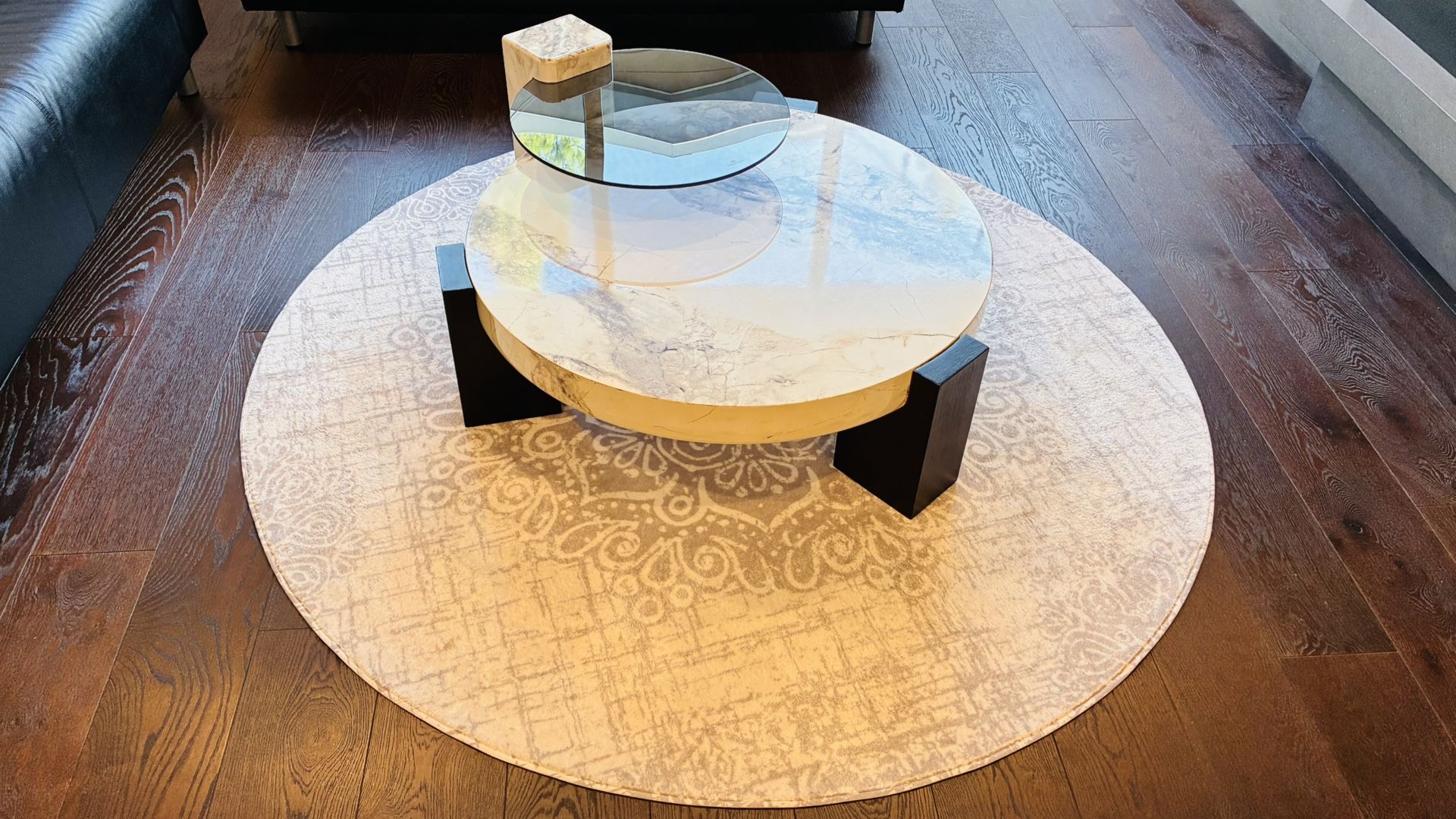 35. in. White and Black 2-Piece Round Marble Wood Top Coffee Table