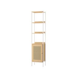 6-Tier Bookcase, Bookshelf with Rattan-Like Door, Boho Style, Freestanding 15.7-Inch Wide Storage Shelf, Metal Frame, Adjustable Shelf, for Living Roo