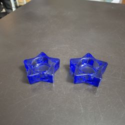 Set Of 2 Cobalt Blue Glass Star Shaped Tealight Holders