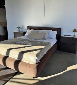 Mel Velvet Bed — Modern Luxe Statement Piece Rounded Vintage Pillow Headboard • Faux Mohair Texture