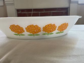 Serving Dish Divided Oval Yellow Orange Flowers Glasbake J2352 