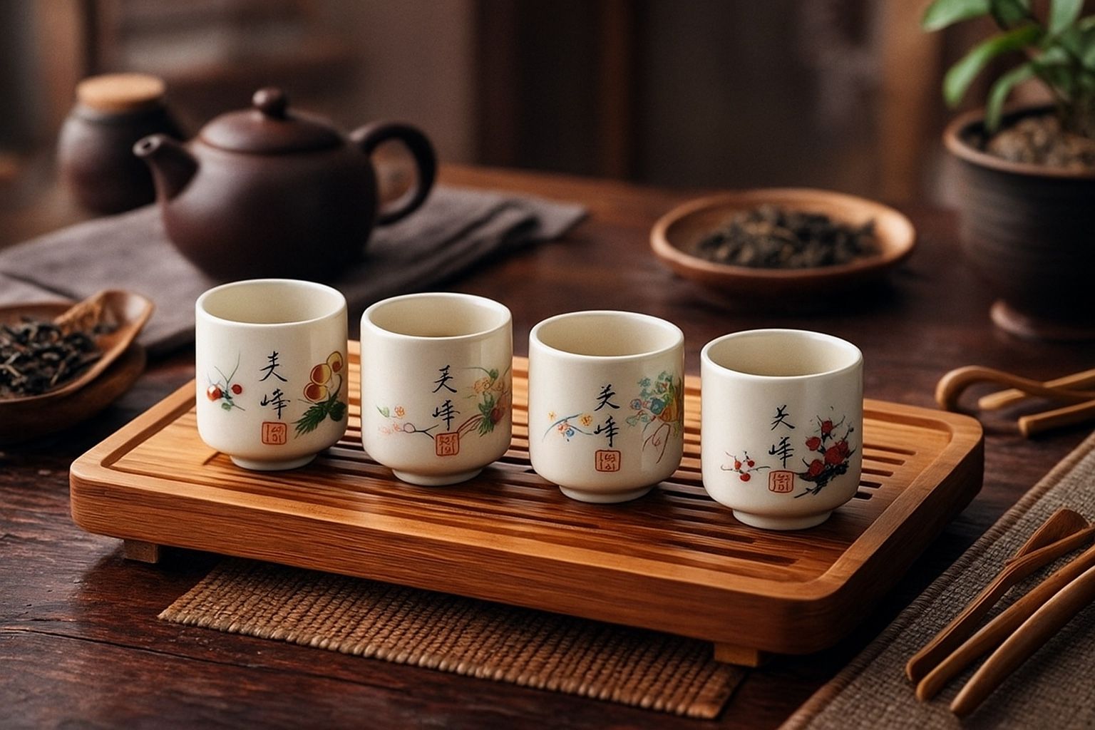Japanese 1980s Kutani Style Mini Yunomi Tea Cups Gift Set Of 4, 1.5x2” NEW 🎁