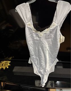 White Satin Lace Trim Bodysuit