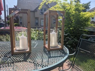 Set of 2 Wooden lanterns with large glass votives