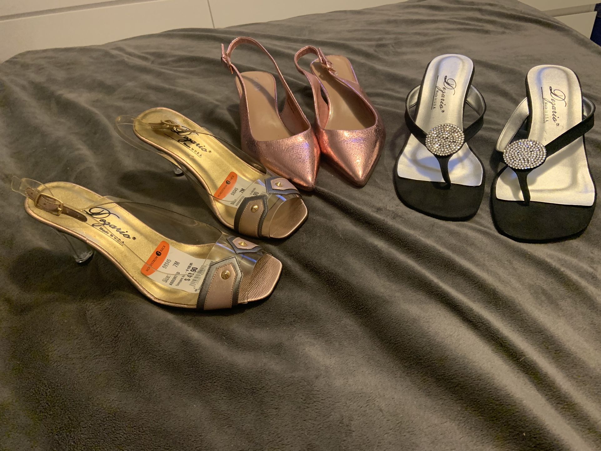 New Designer Dress Shoes Metallics And Black Medallion Low Heels Size 7. $20- $25 Each