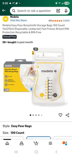 Medela Easy Pour Breastmilk Storage Bags 100 Count 7oz/210ml Disposable, Leakproof, Fast Freeze, Breast Milk Protection Recyclable & BPA Free