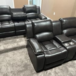 New Reclining Couch W Fold Down Console / Love Seat.  Brown Leather.  Free Delivery!