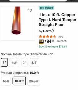 1 inch x 10ft copper type L hard temper straight pipe
