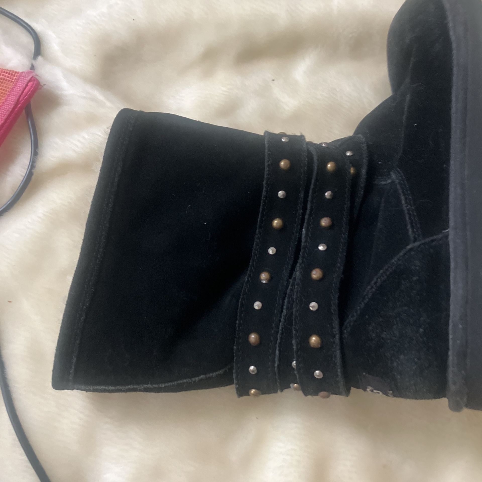 UGG Boots Black Suede Leather Shearling Belted Studs