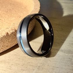 Tungsten Carbide Black with Blue Stripe Ring - Black (Size 10)