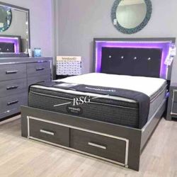 LED Light , Storage Drawers Bedroom Furniture Set 🌟 Queen King Size Bed, Dresser, Mirror, Nightstand, Chest, Mattress 