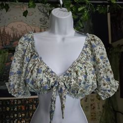 Blue Yellow Floral Ruffle Tie V Neck Spring Summer Crop Top Large

