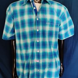 Panhandle Rough Stock Western Shirt Men’s L Blue Green Plaid Pearl Snap Short Sleeve NWOT

