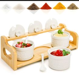Ceramic Condiment Bowls Set with Bamboo Rack