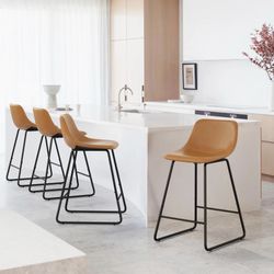 24”H Faux Leather Bar Stools, Whiskey Brown (Set of 4)