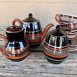 Vintage Tea Southwestern Boho Tea Set Glazed Red Clay Ceramic cream and Sugar Containers with Tea Pitcher 3 Cups and Saucers