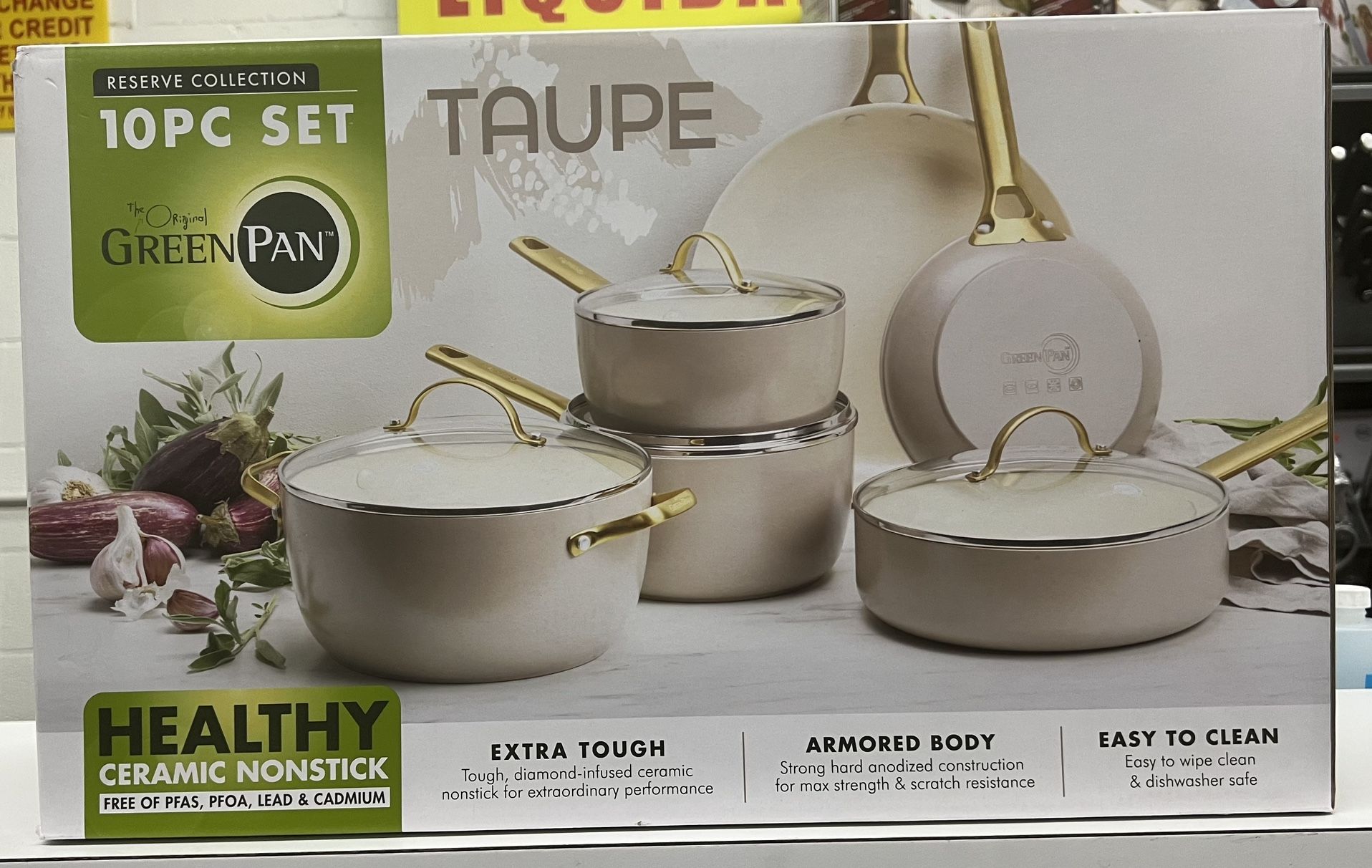 GreenPan Reserve Hard Anodized Healthy Ceramic Nonstick 10 Piece Cookware  Pots and Pans Set, Gold Handle, PFAS-Free, Dishwasher Safe, Oven Safe,  Taupe for Sale in Lancaster, CA - OfferUp