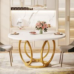 NEW- 47-Inch Modern Round Kitchen Dining Table with Gold Metal Base