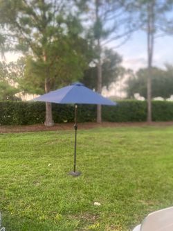 Round Outdoor Patio Market Umbrella Taupe with Black Pole - Threshold™: Fade-Resistant, Steel Frame, Crank Lift with base. Used in good condition.