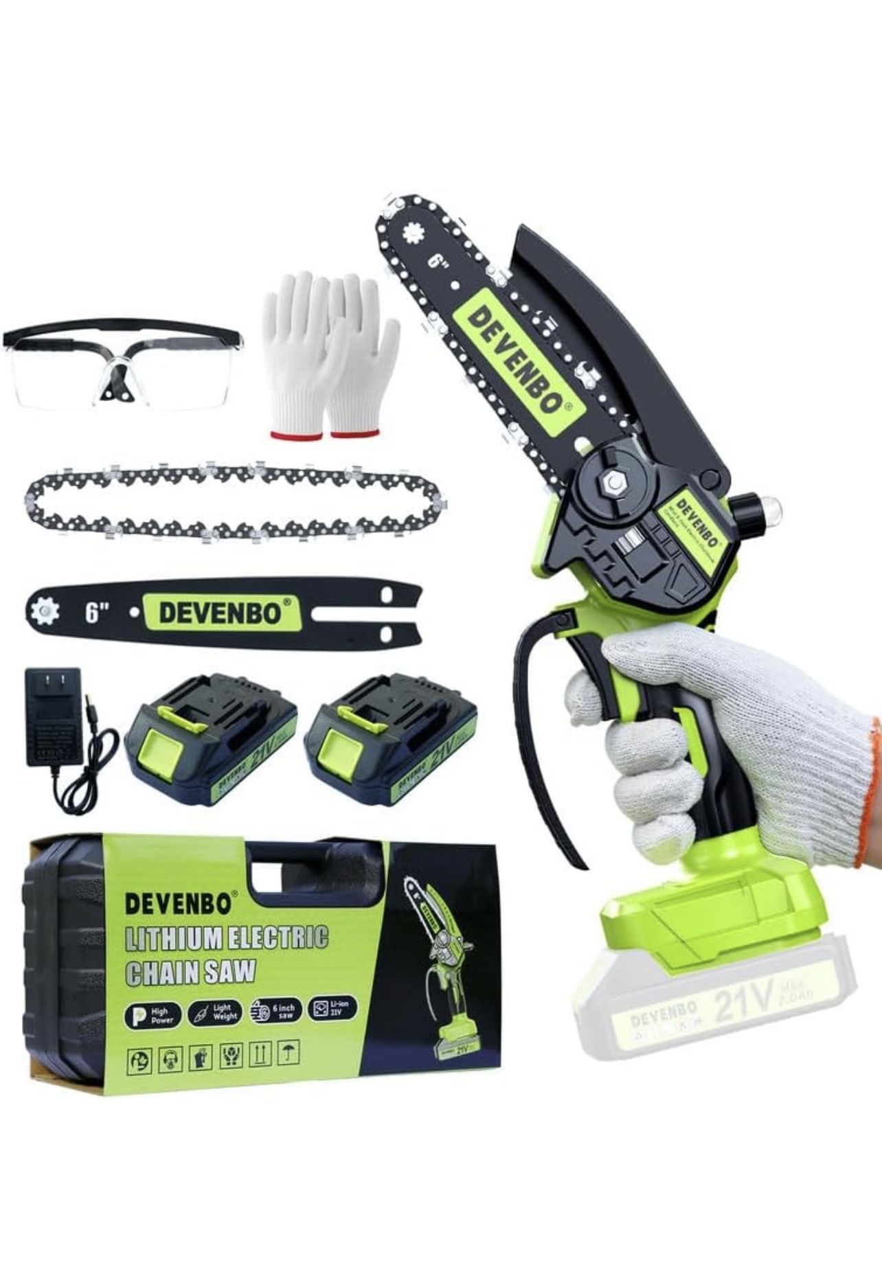 Mini Cordless Chainsaw, 6 Inch Hand Saw,2 battery,green color
