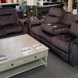 Brand New Dark Gray Linen Manual Reclining Loveseat + Sofa With Cup Holders 2PCs Set