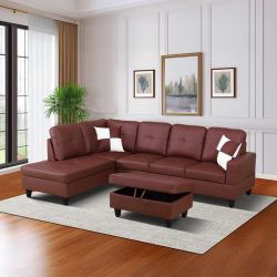 New Red Leather Sectional With Ottoman 
