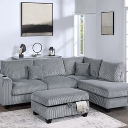 New Fog 3pc Sectional Set w/ USB Port and Storage Ottoman